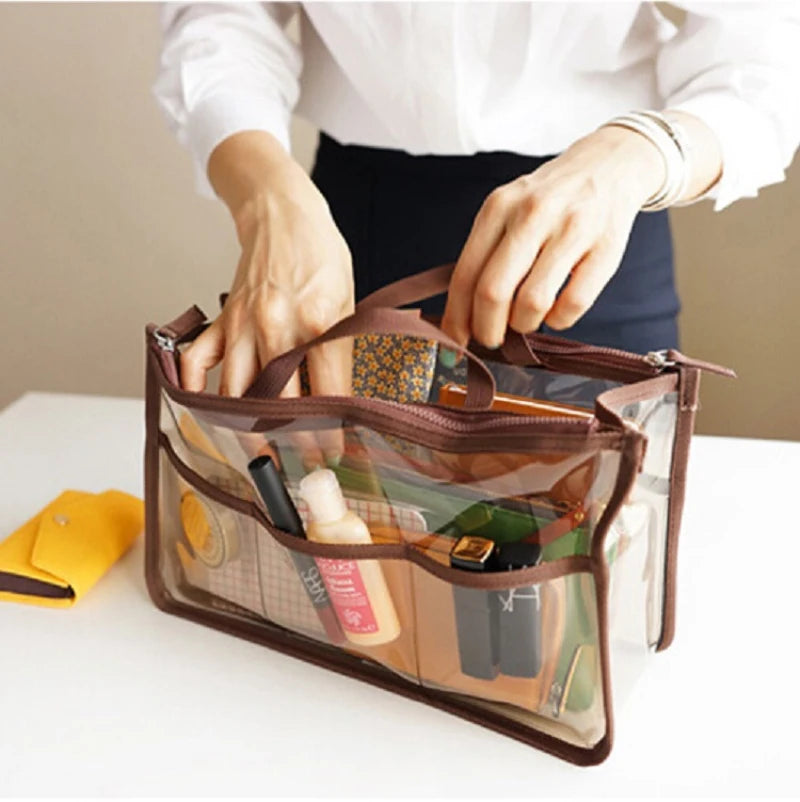 Clear makeup bag cosmetic with brown trim for organized beauty essentials