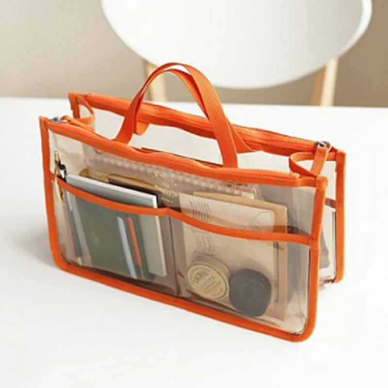 Transparent orange makeup bag cosmetic with multiple compartments for organization