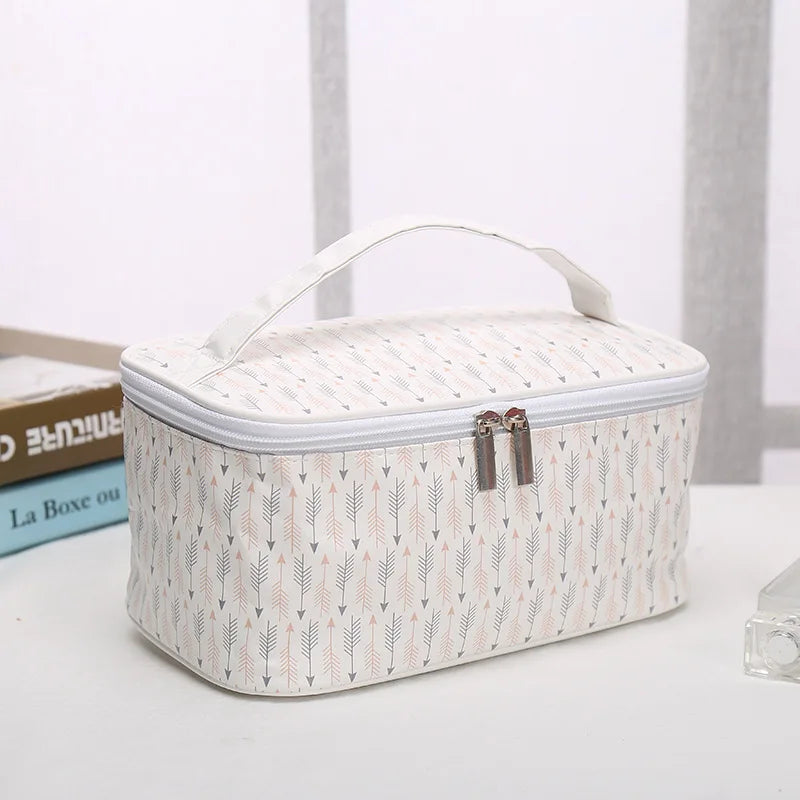 VacationGrabs makeup bag cosmetic in white with floral pattern for travel