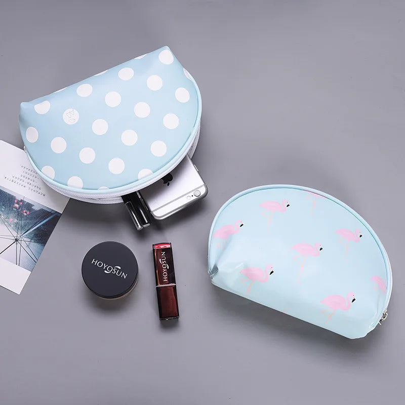 Blue polka dot makeup bag for organizing cosmetics on the go