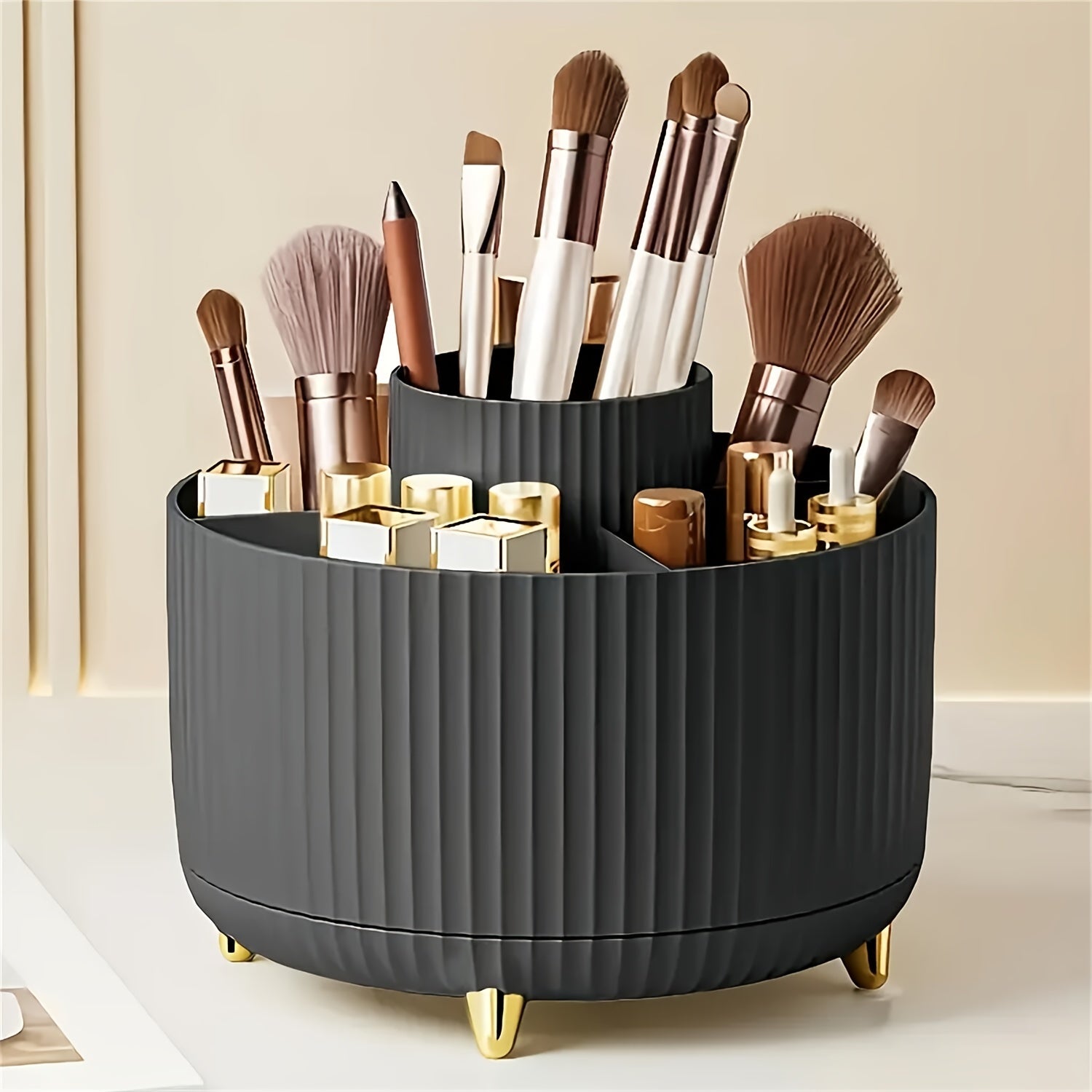 Black makeup cosmetics organizer, stylish design for storing brushes and products