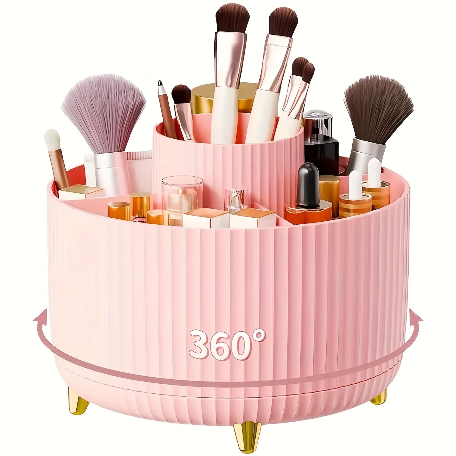 Pink makeup cosmetics organizer with rotating tiers for easy access