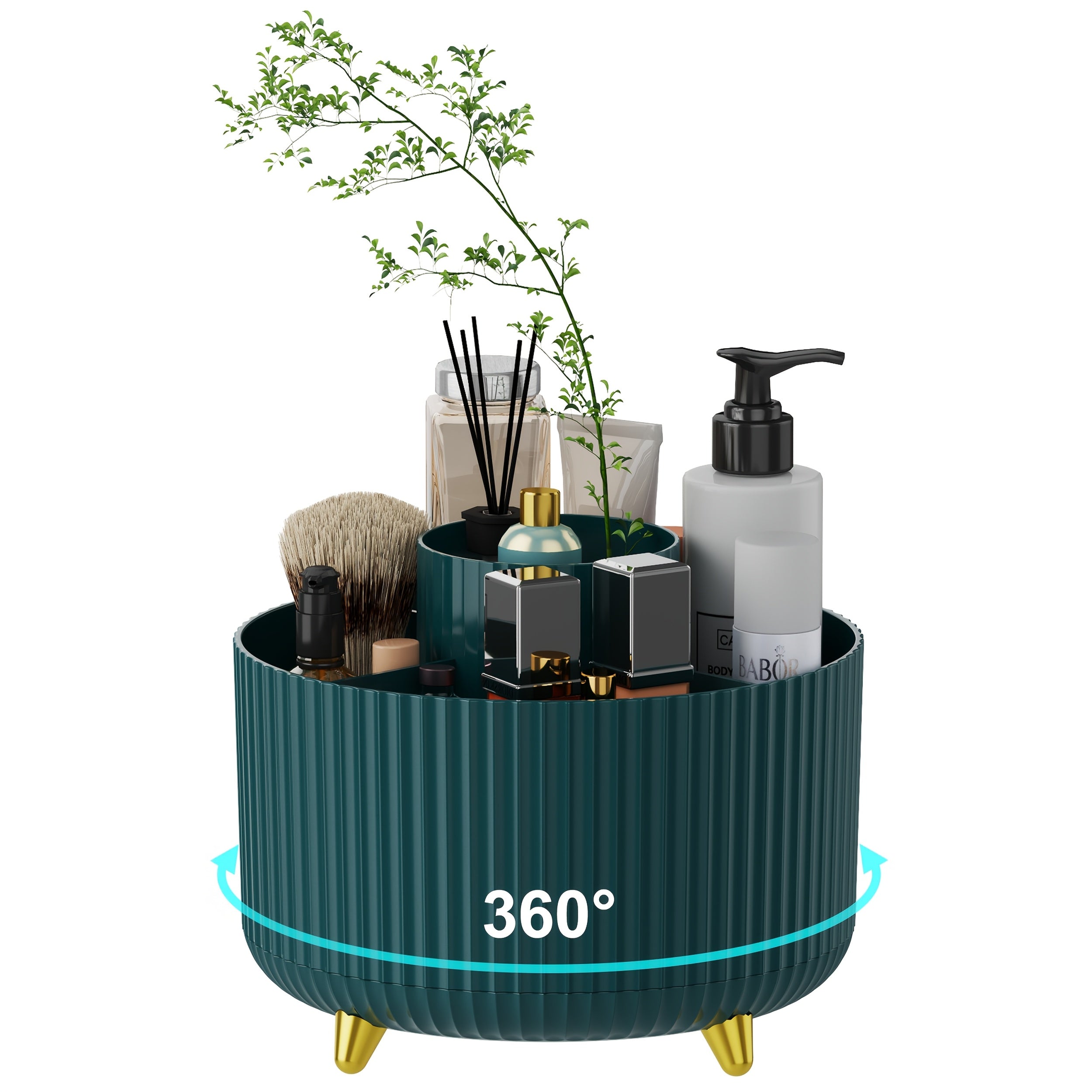 Green silicone makeup cosmetics organizer with gold legs and 360-degree rotation