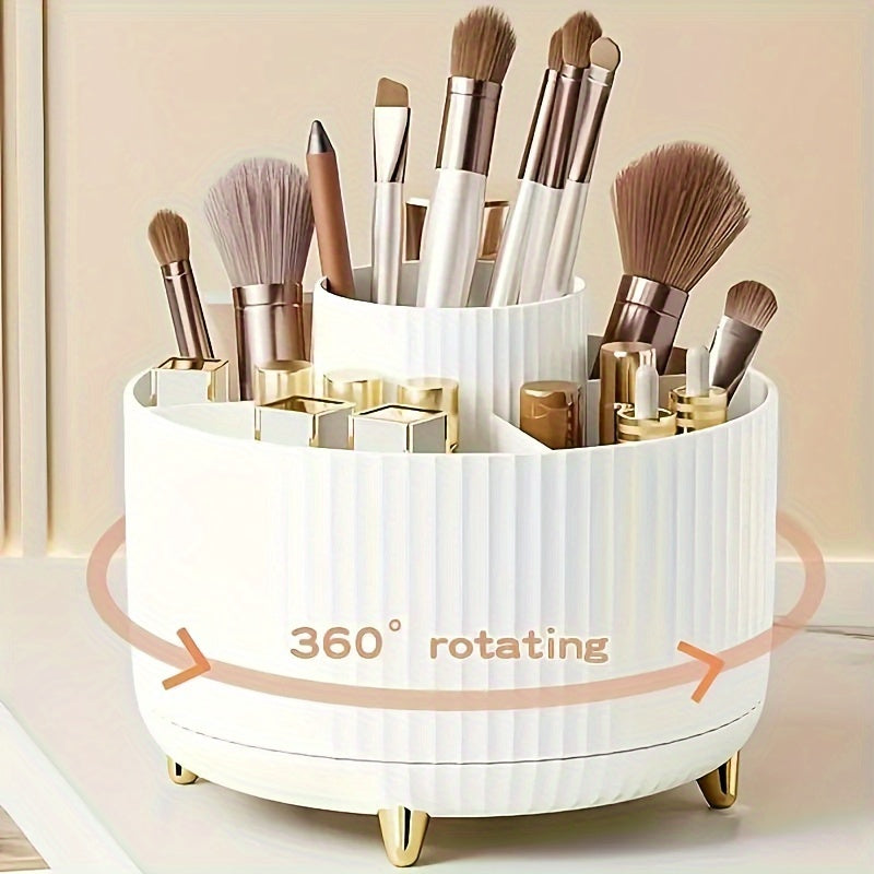 White rotating makeup cosmetics organizer with space for brushes and lipsticks