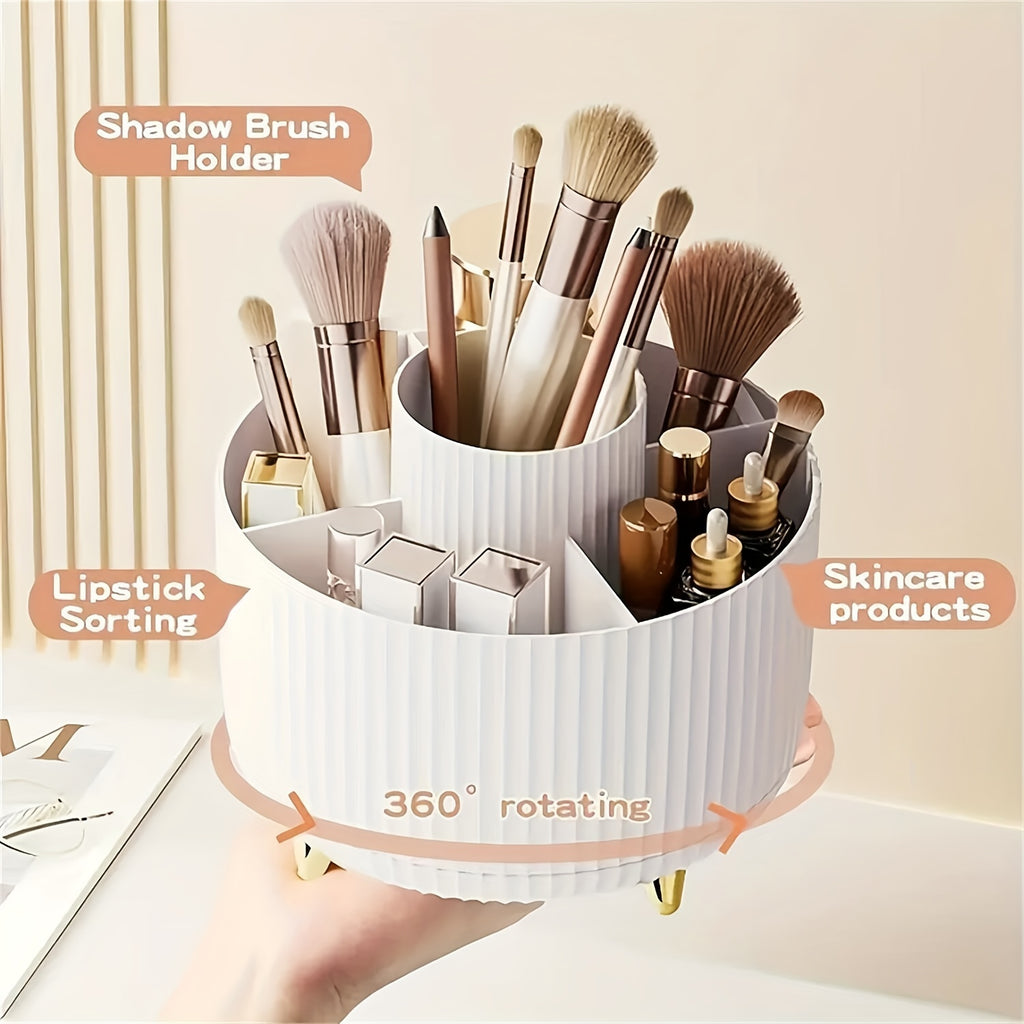 360 rotating makeup cosmetics organizer with sections for brushes and lipsticks