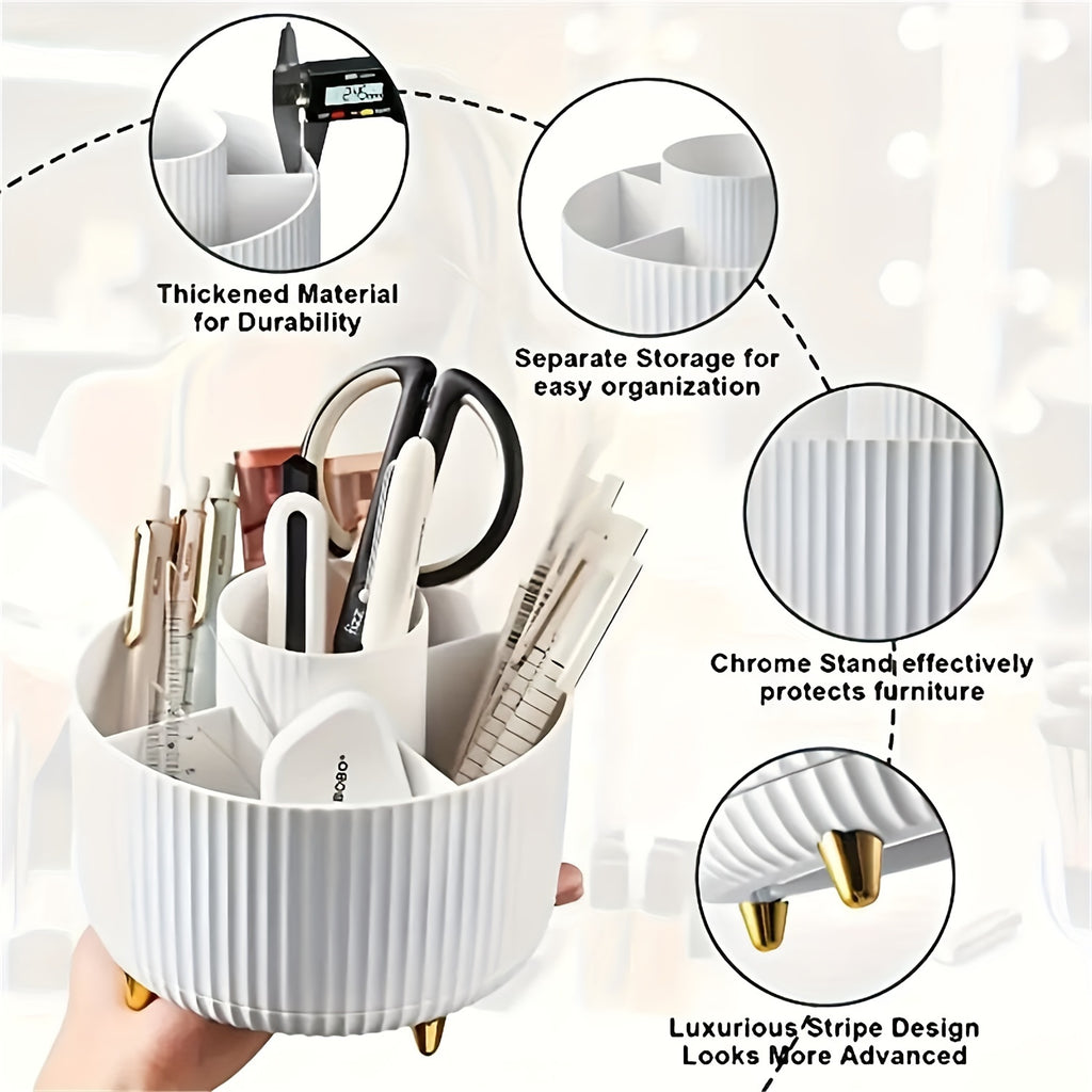 White makeup cosmetics organizer with separate storage compartments and chrome stand