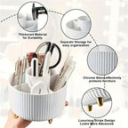 White makeup cosmetics organizer with separate storage compartments and chrome stand
