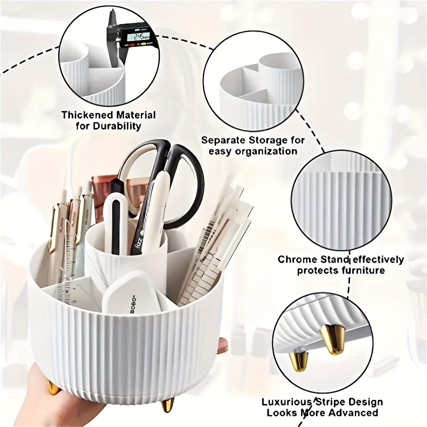 White makeup cosmetics organizer with separate storage compartments and chrome stand