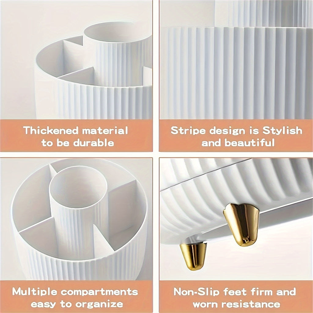 White makeup cosmetics organizer with stylish stripe design and durable material