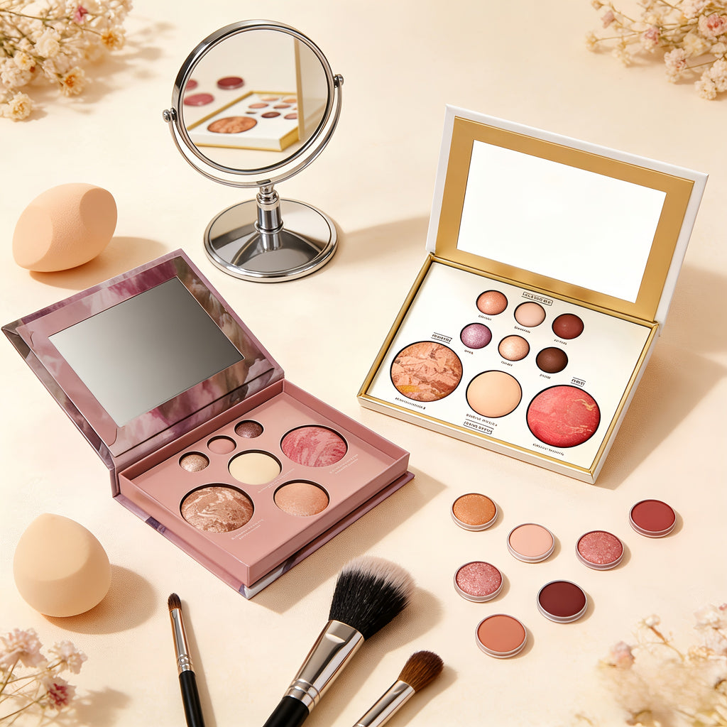 two makeup palettes with blush and eyeshadow for beauty enthusiasts