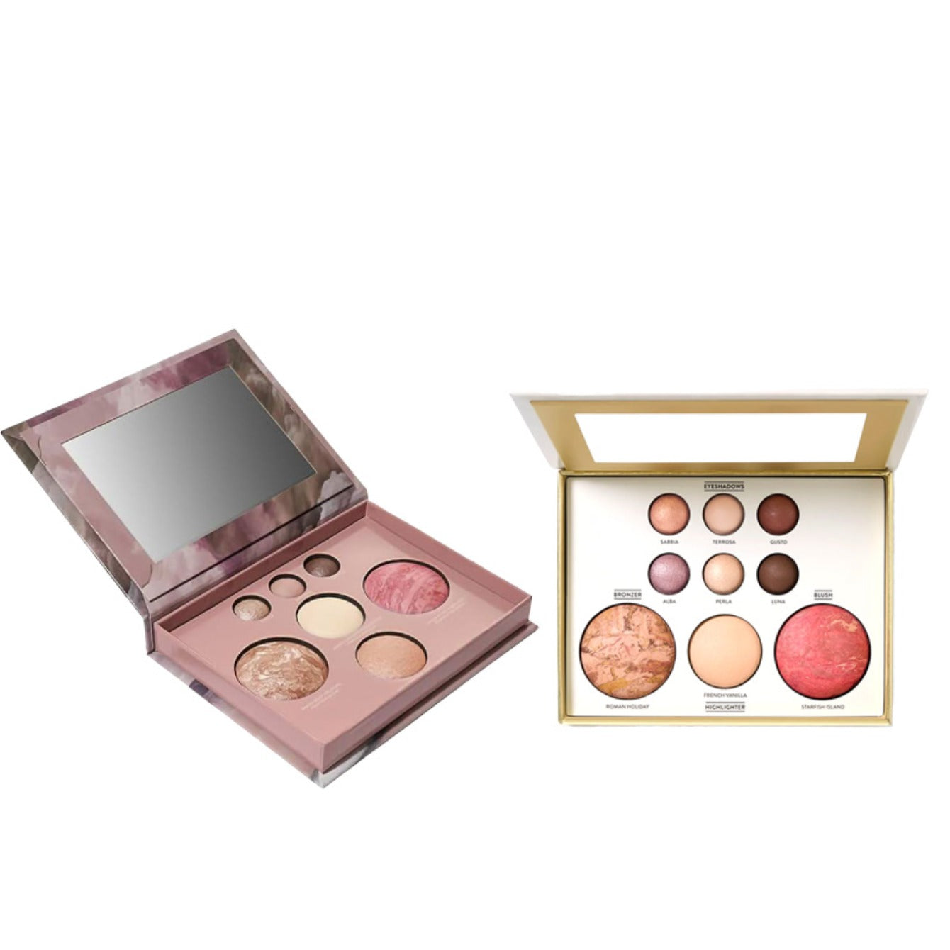 Two makeup palettes with blush and highlighter shades for beauty enthusiasts