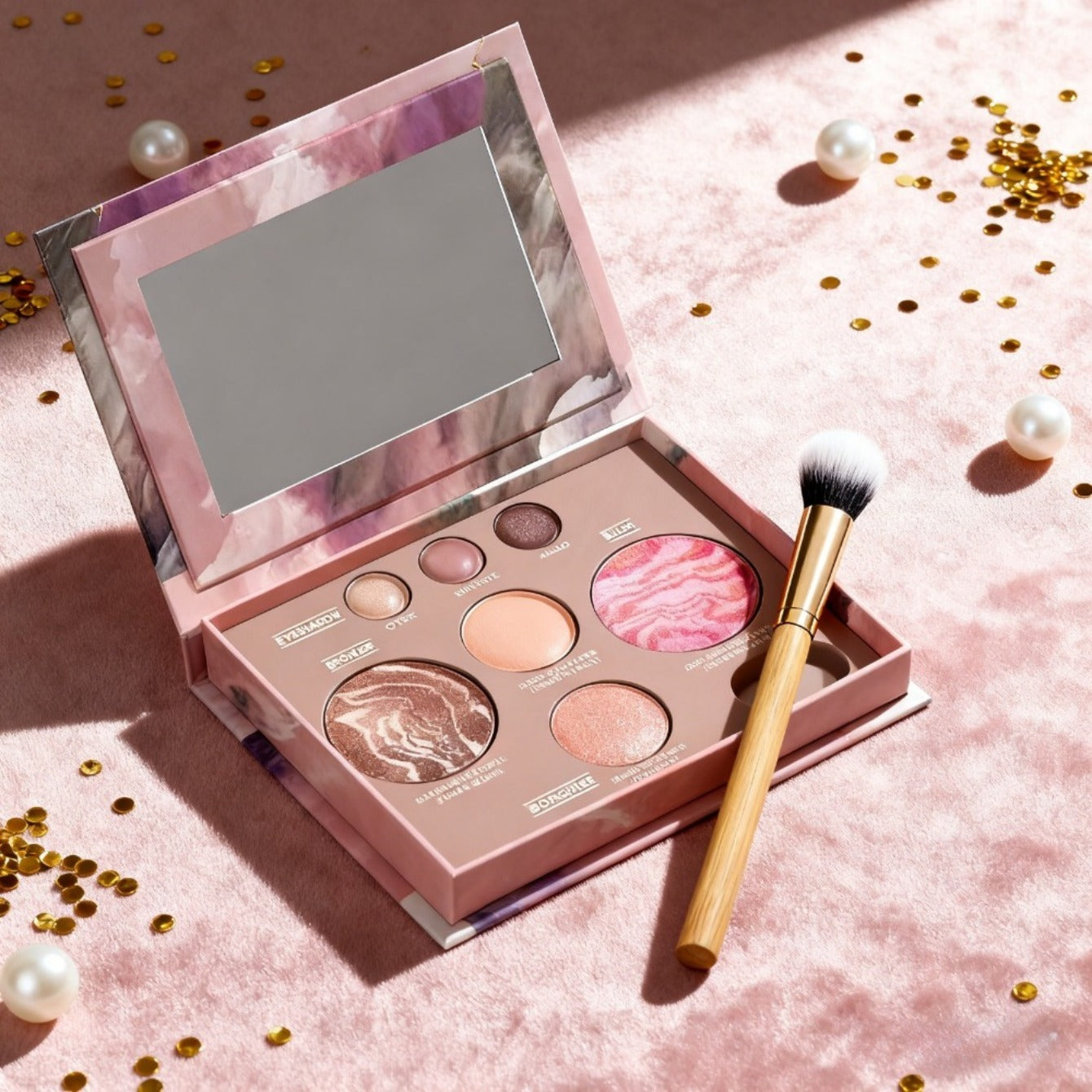VacationGrabs makeup palettes with marbled powders and a makeup brush