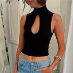 Black women's crop top with mandarin collar, perfect for casual outings