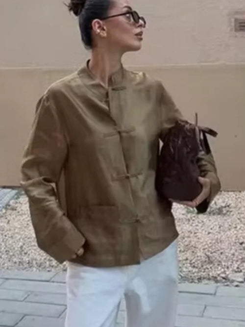 Women's brown linen shirt with mandarin collar for casual outings
