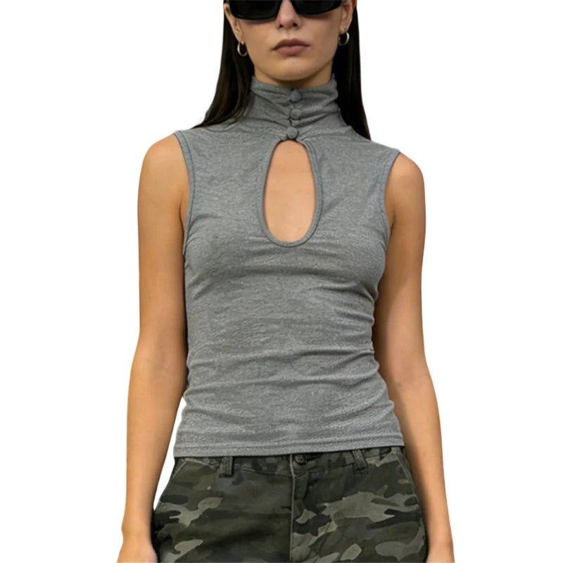 Chic Women's Top with Mandarin Collar and Keyhole Detail