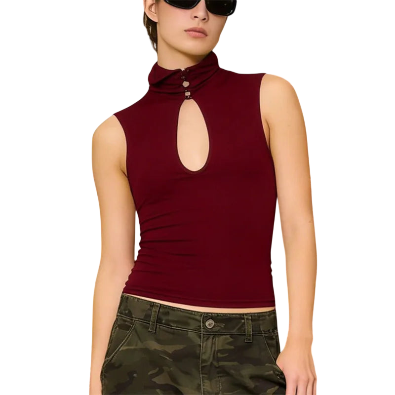 Chic Women's Top with Mandarin Collar and Keyhole Detail