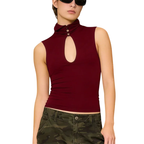 Chic Women's Top with Mandarin Collar and Keyhole Detail