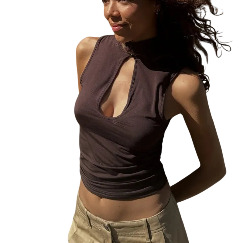 Chic Women's Top with Mandarin Collar and Keyhole Detail