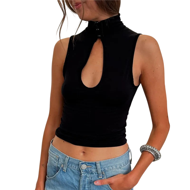 Chic Women's Top with Mandarin Collar and Keyhole Detail