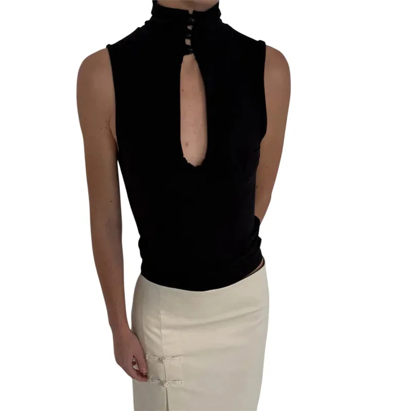Chic Women's Top with Mandarin Collar and Keyhole Detail