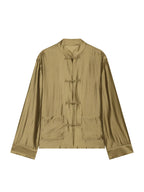 VacationGrabs olive silk shirt with mandarin collar for casual outings