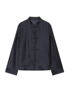 Men's navy satin jacket with mandarin collar for casual wear