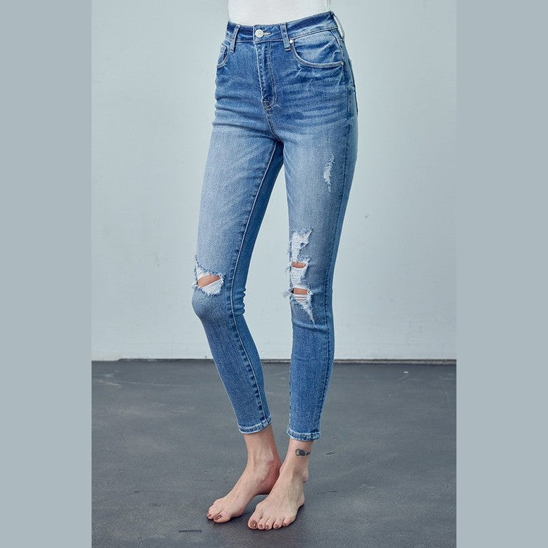 Insane Gene women's trendy skinny jeans for travel with distressed details in blue denim