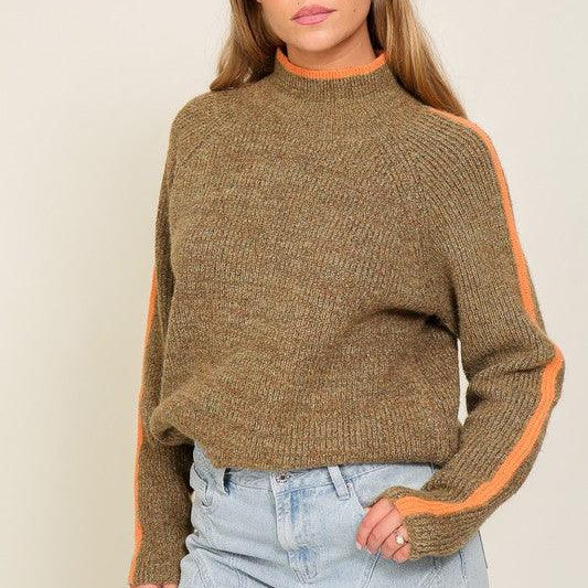 Women's Sweaters Marled Brown Raglan Sleeve Funnel Neck Sweater