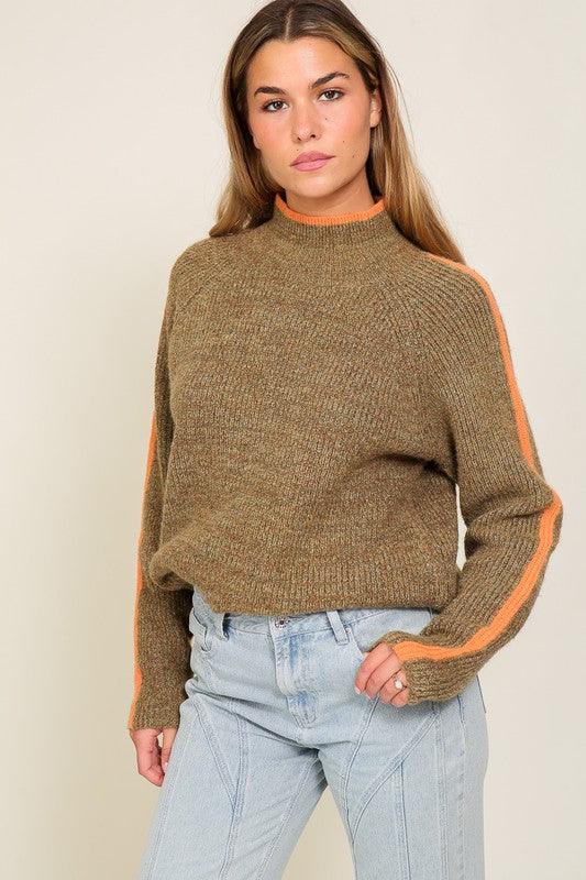 Women's Sweaters Marled Brown Raglan Sleeve Funnel Neck Sweater