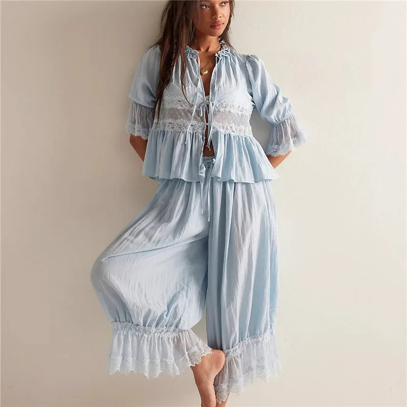 Light blue women's outfit set, perfect for cozy Christmas family pajama sets.