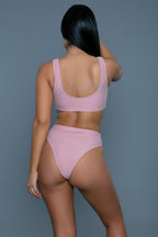 Women's pink matching set, stretchy fabric, perfect for beach lounging