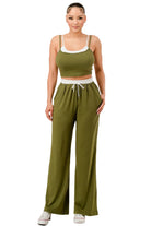 Women's matching tank and jogger set in olive green with white trim by VacationGrabs