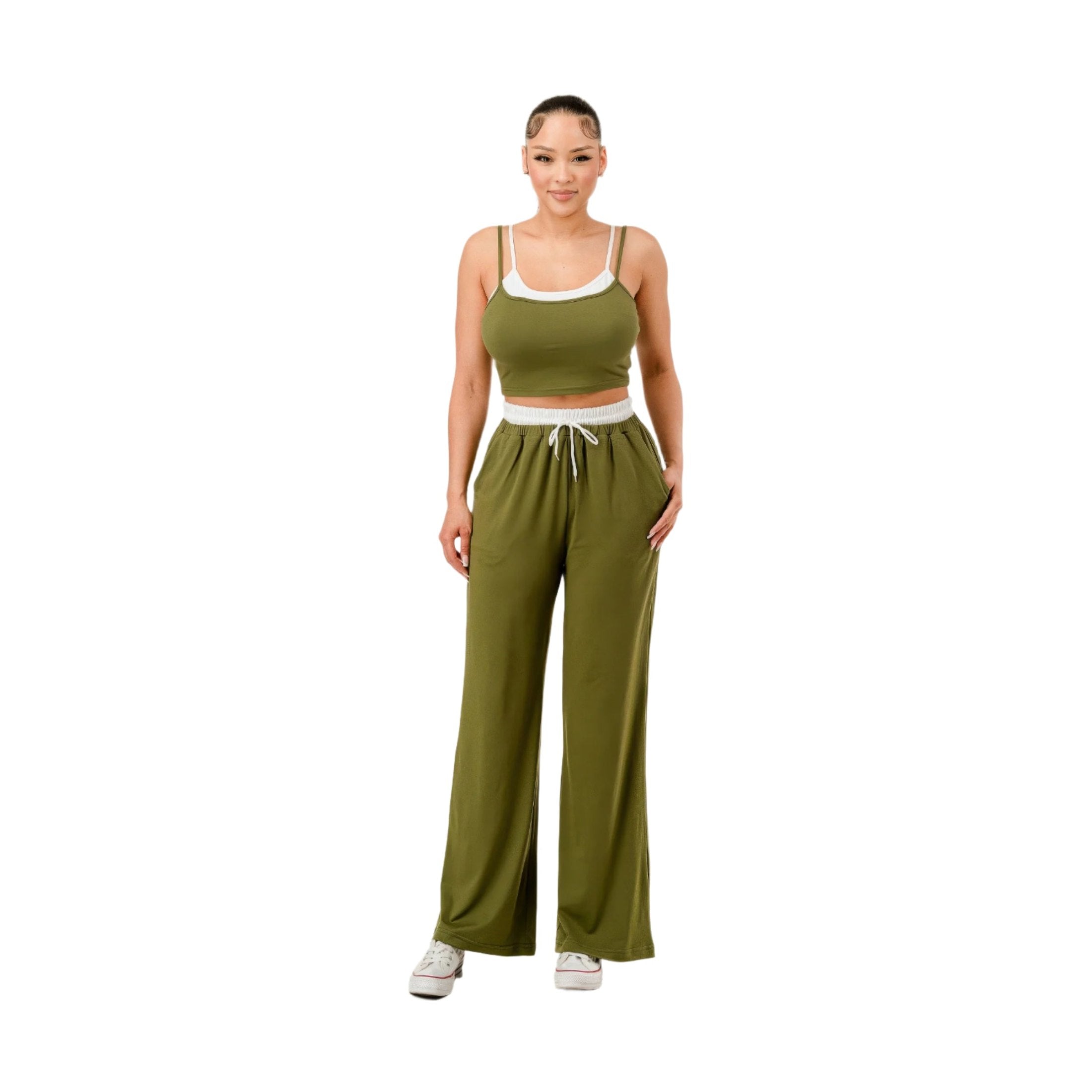 Women's matching tank and jogger set in olive green with white trim by VacationGrabs