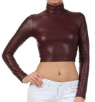 Sakkas Store matte black mock neck crop top made from a sleek, shiny material for a trendy look