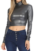 Sakkas Store matte black mock neck crop top in shiny material with long sleeves for a stylish look