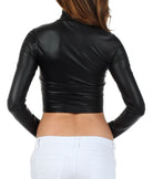 Sakkas Store matte black mock neck crop top with long sleeves and fitted design