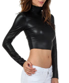Sakkas Store matte black mock neck crop top with long sleeves for a sleek and stylish look