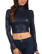 Sakkas Store matte black mock neck crop top with long sleeves, perfect for stylish casual wear