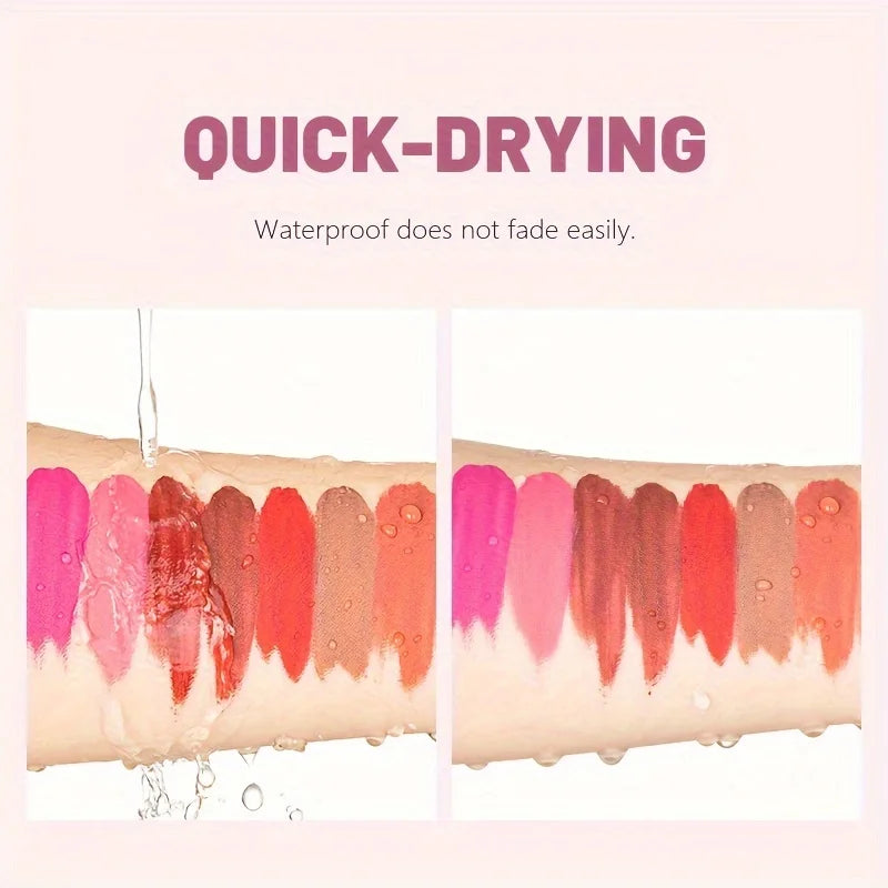 Swatches of nude lipstick shades showing quick-drying, waterproof formula