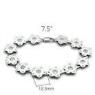 Matte rhodium fashion bracelet featuring flower designs with sparkling crystals, measuring 7.5 inches