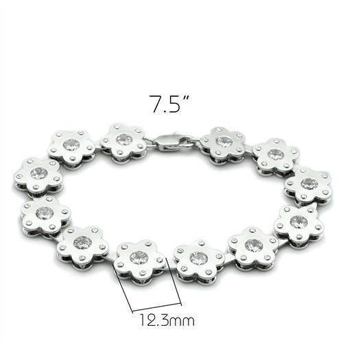 Matte rhodium fashion bracelet featuring flower designs with sparkling crystals, measuring 7.5 inches