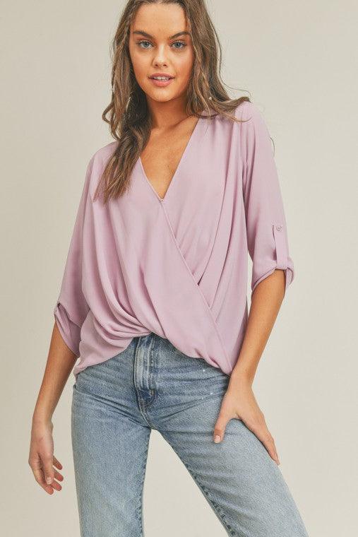 Women's Shirts Mauve Purple Loose Tab Sleeve Surplice Top