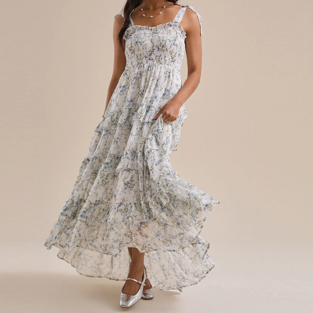 Women's blue floral maxi boho dress, perfect for summer outings