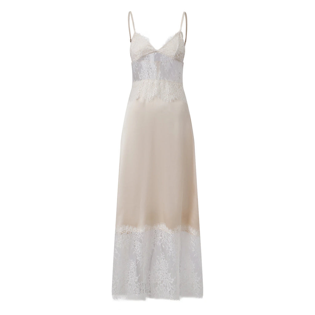 Cream lace trim slip dress and maxi dress for summer parties