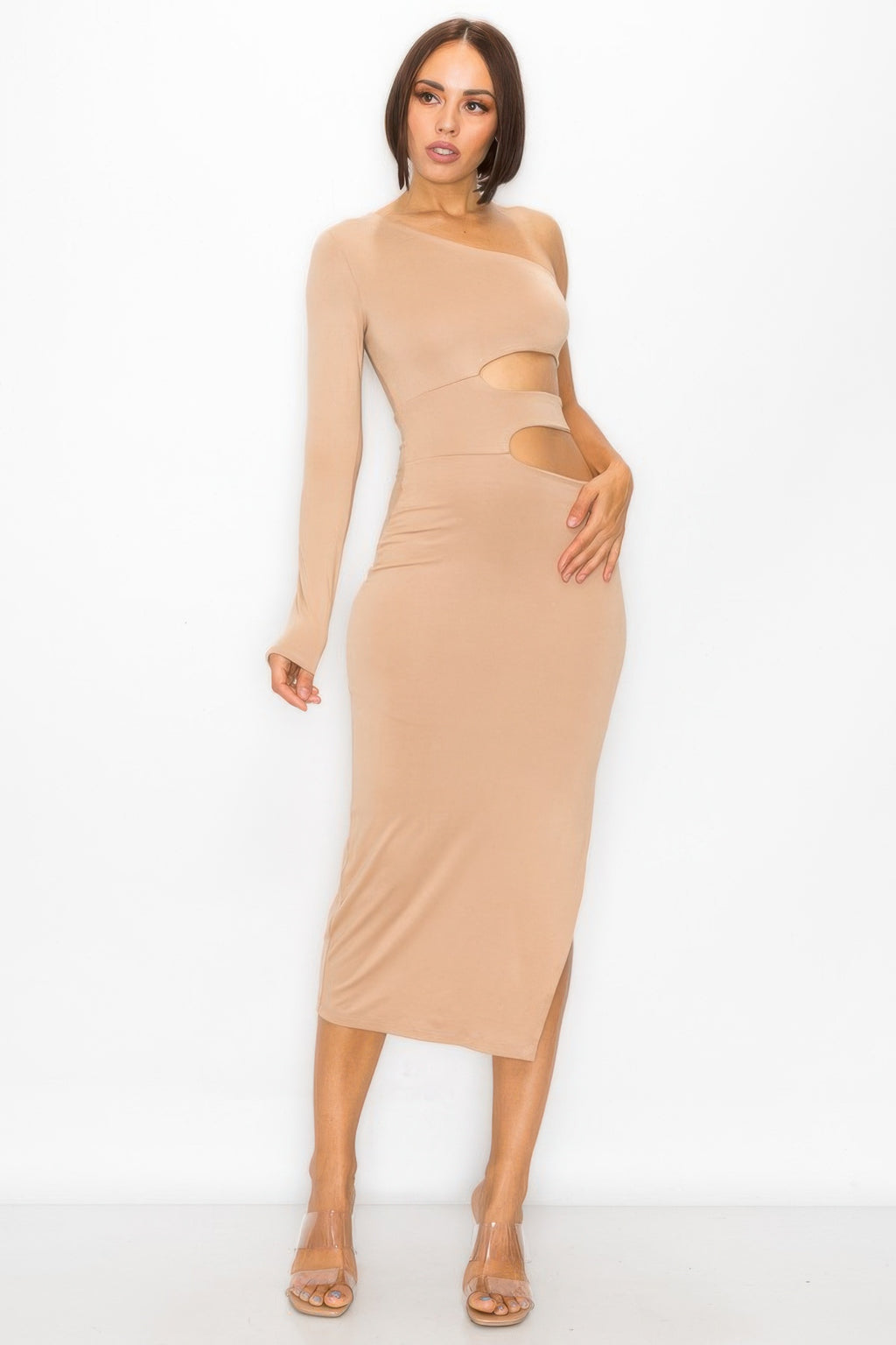 Women's nude bodycon cutout dress and maxi dress for summer occasions
