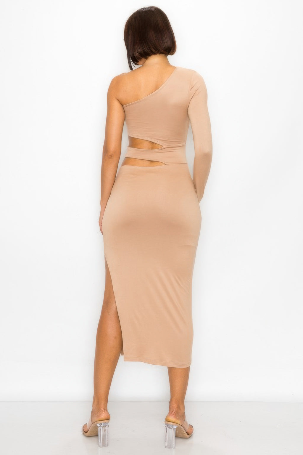 Women's nude one-shoulder maxi dress, perfect for summer events