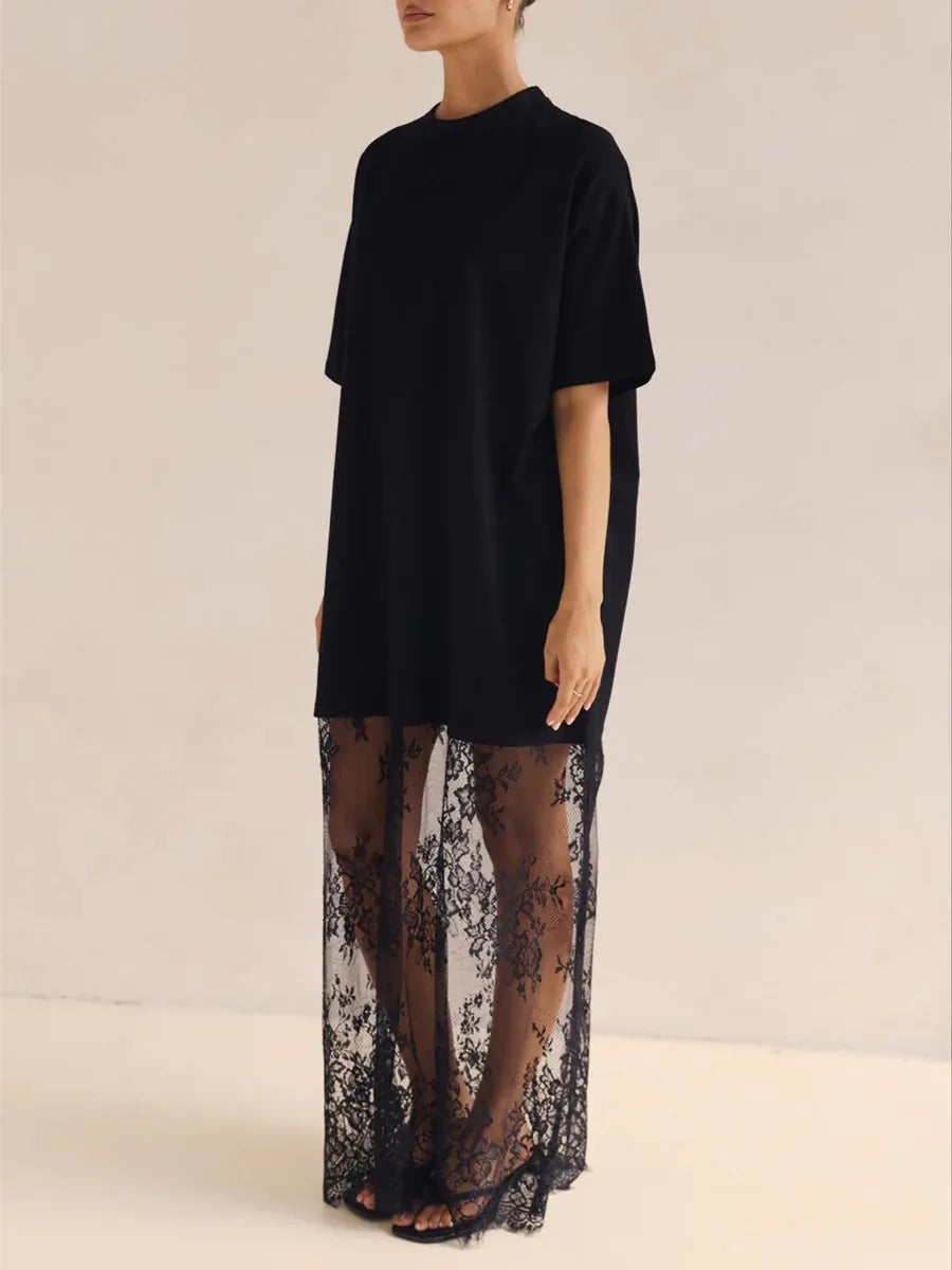 Women's black lace overlay maxi dress, perfect for evening events