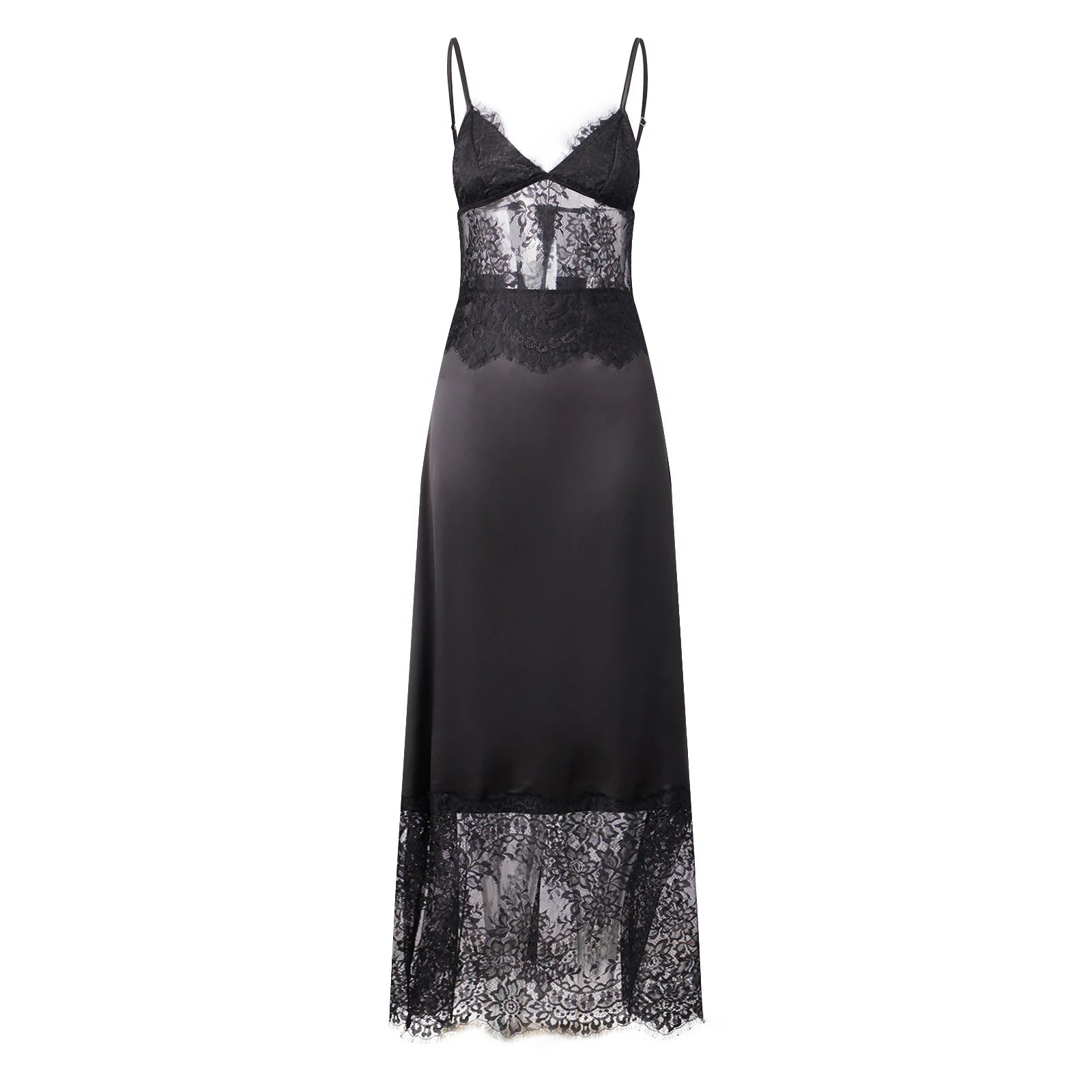 Black lace and satin maxi dress, elegant evening wear for women