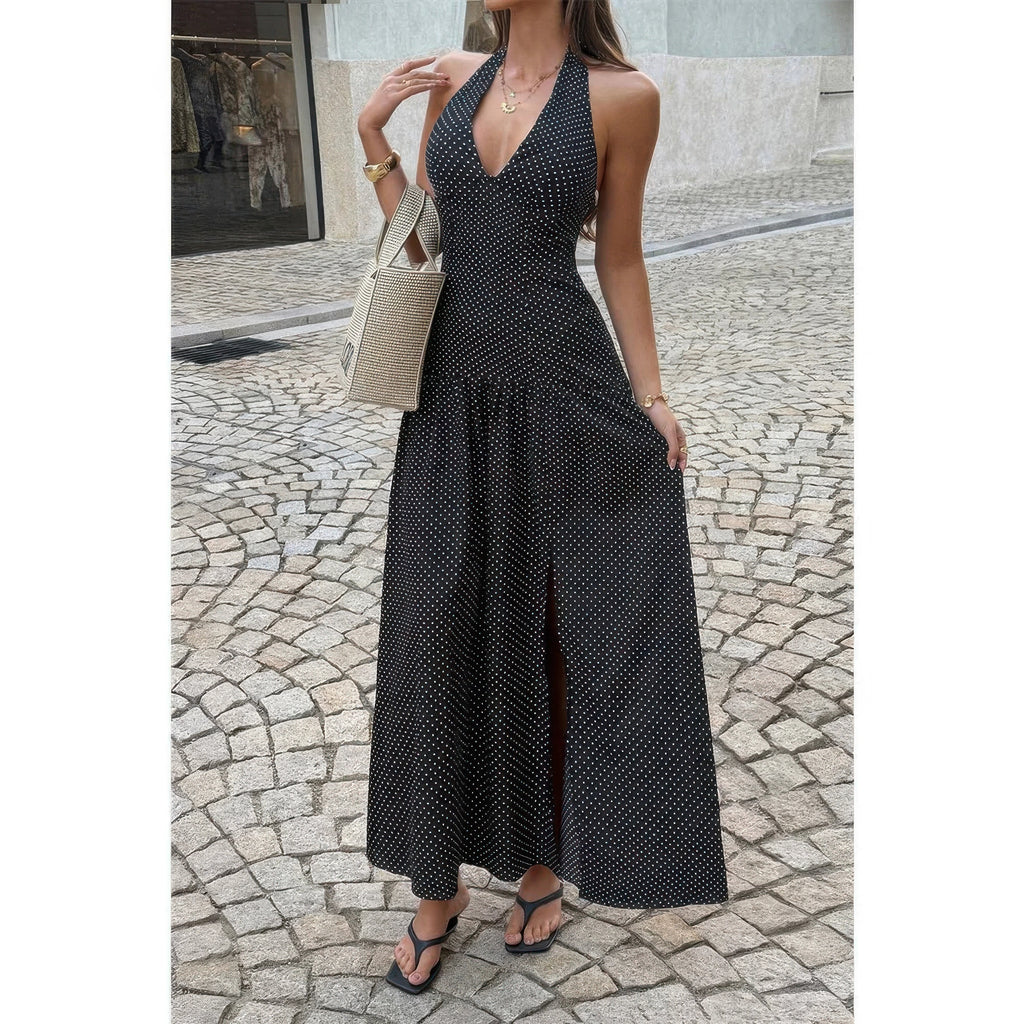Black polka dot halter neck maxi dress for summer outings