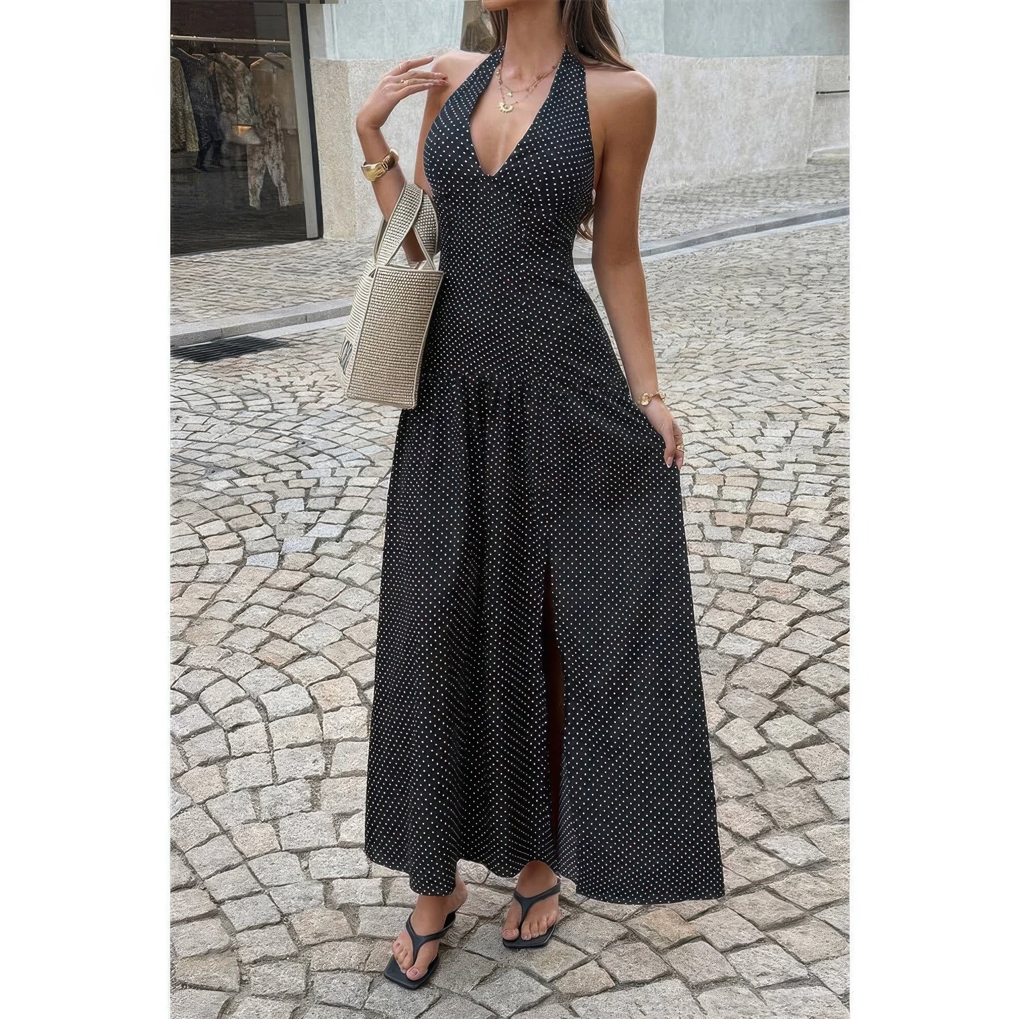 Black polka dot halter neck maxi dress for summer outings